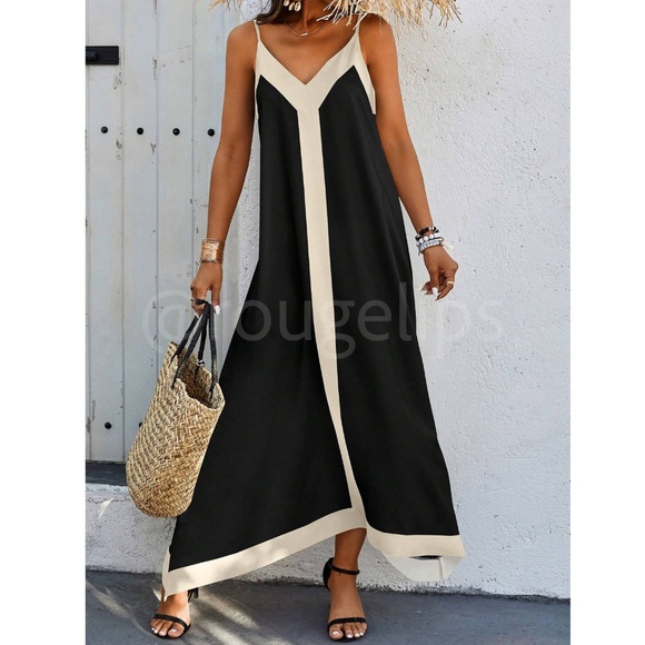 Black Maxi Dress Beige Trim V-Neck Cami A-Line Loose Flared Fit - Picture 2 of 6
